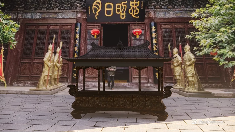 Ancient Chinese Architectural Site With Red Lanterns Golden Statues And Incense Burner 3d model 