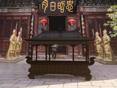Ancient Chinese Architectural Site With Red Lanterns Golden Statues And Incense Burner 3d model