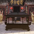 Ancient Chinese Architectural Site With Red Lanterns Golden Statues And Incense Burner