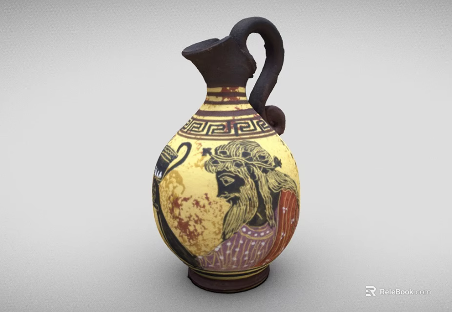 Yellow And Brown Greek Style Ceramic Vase With Hand Painted Figures And Geometric Patterns 3d model 