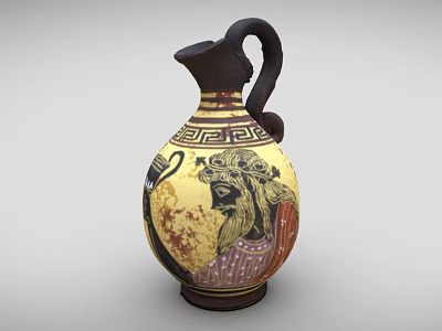 Yellow And Brown Greek Style Ceramic Vase With Hand Painted Figures And Geometric Patterns 3d model