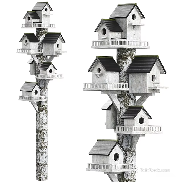 Multi Tiered Birdhouses On Tree Trunk With Platforms And Small Windows 3d model 
