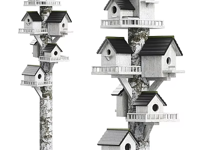 Multi Tiered Birdhouses On Tree Trunk With Platforms And Small Windows 3d model