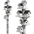 Multi Tiered Birdhouses On Tree Trunk With Platforms And Small Windows