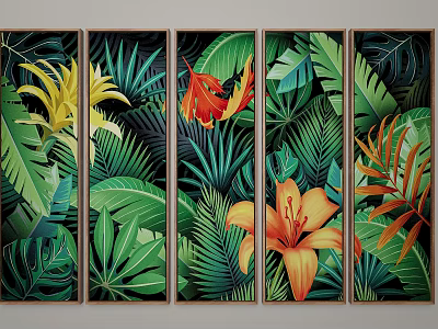 Five Panel Tropical Plant Paintings With Green Leaves And Vibrant Flowers Wall Art 3d model