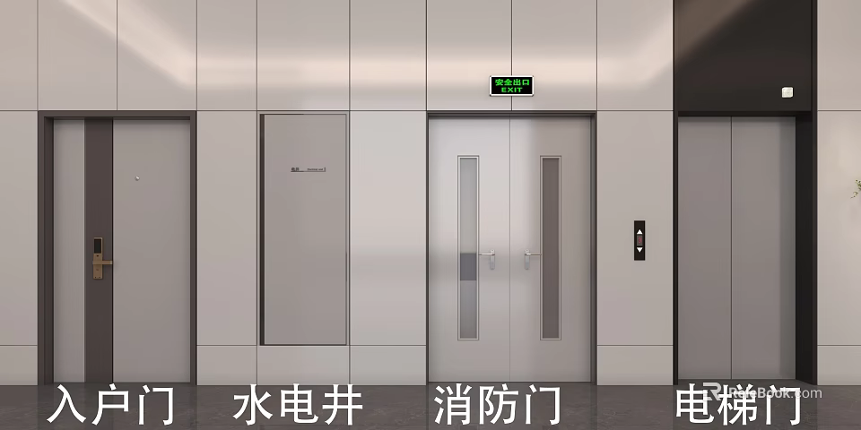 Modern Building Corridor Featuring Fire Door and Water Electricity Shaft Doors 3d model 