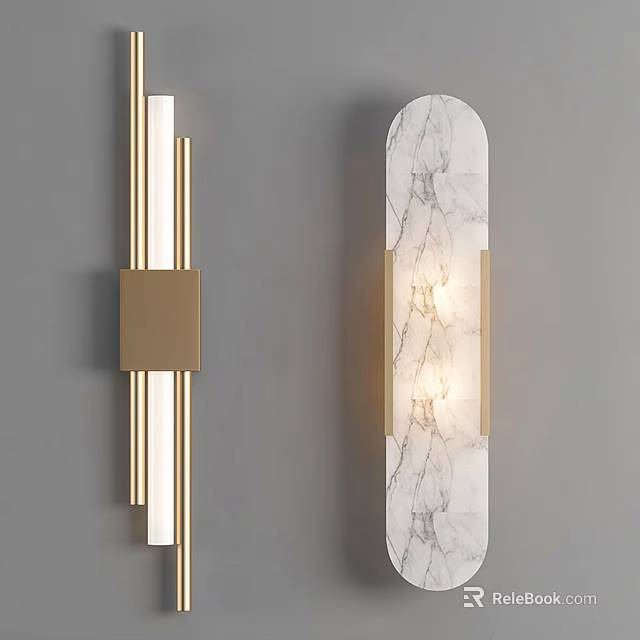 Elegant Modern Wall Lamps with Linear Gold Frame and Marble Panel Lighting 3d model