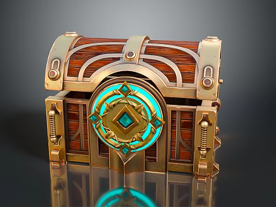 Ornate Wooden Treasure Chest With Golden Accents Glowing Blue Gem And Intricate Patterns 3d model