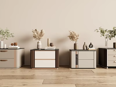 Four Differently Designed Nightstands With Plants And Decorations On Light Colored Walls Wooden Flooring Background 3d model