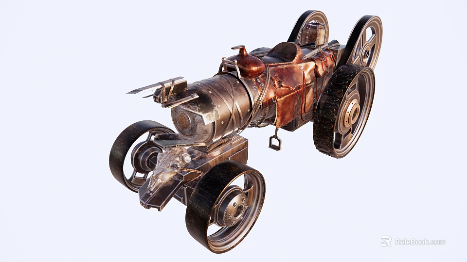Vintage Steampunk Car with Metallic Body Multiple Wheels and Exposed Mechanical Details 3d model 