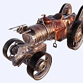 Vintage Steampunk Car with Metallic Body Multiple Wheels and Exposed Mechanical Details