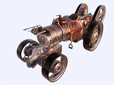 Vintage Steampunk Car with Metallic Body Multiple Wheels and Exposed Mechanical Details 3d model