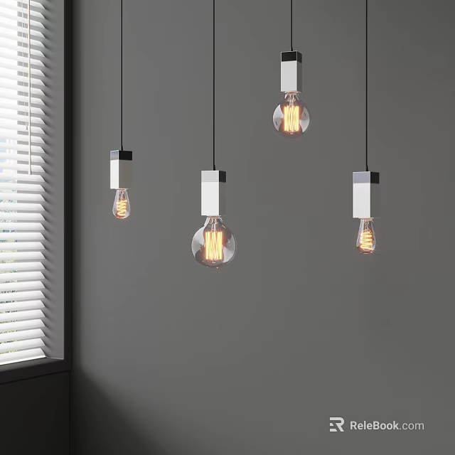 Modern Pendant Lights With Transparent Bulbs Hanging Over Gray Wall And Window Blinds 3d model 