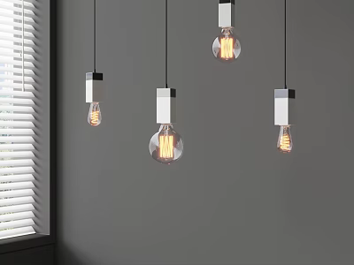 Modern Pendant Lights With Transparent Bulbs Hanging Over Gray Wall And Window Blinds 3d model