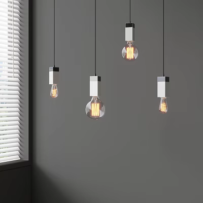 Modern Pendant Lights With Transparent Bulbs Hanging Over Gray Wall And Window Blinds 3d model