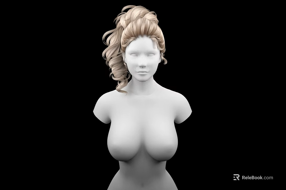 Game Film Character 3D Model with Blonde Curly High Ponytail White Torso and Black Background 3d model 