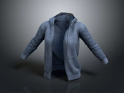 Gray Casual Hoodie With Front Zipper And Kangaroo Pockets Design 3d model