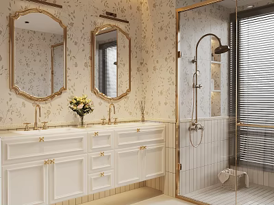 Elegant Classic Bathroom Interior With Golden Accents Double Sink Vanity And Glass Shower Enclosure 3d model