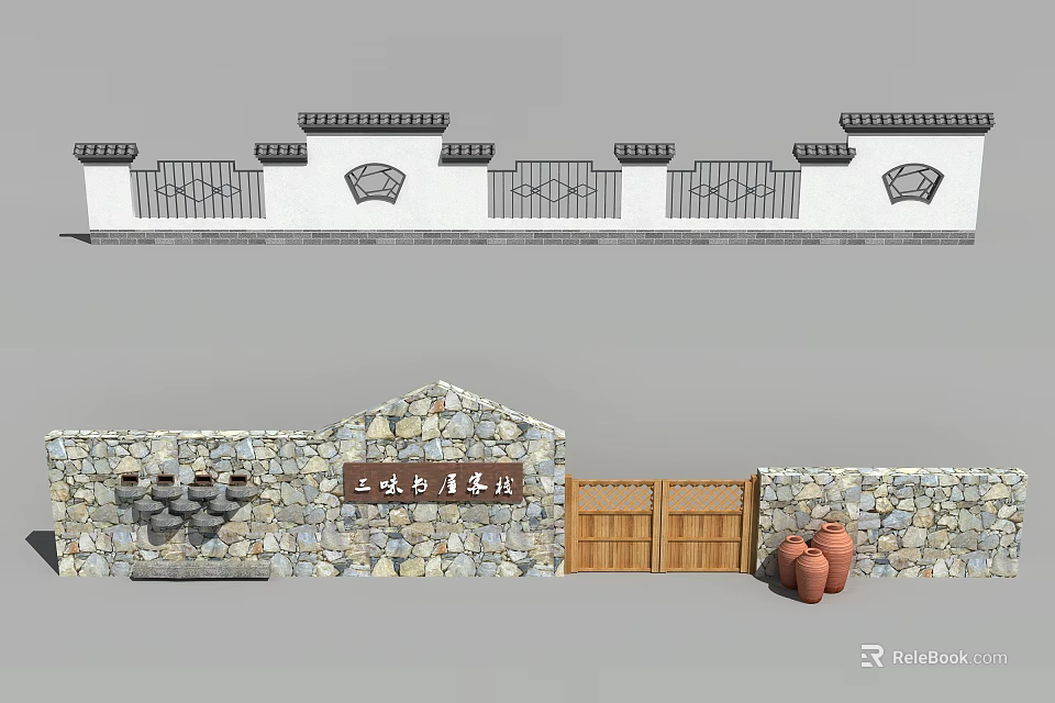 Ancient Traditional Architecture Exterior With Stone Wall Wooden Gate And Clay Pots 3d model 