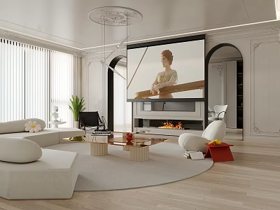 Modern Living Room Interior Design With White Sofa Round Rug And Fireplace 3d model