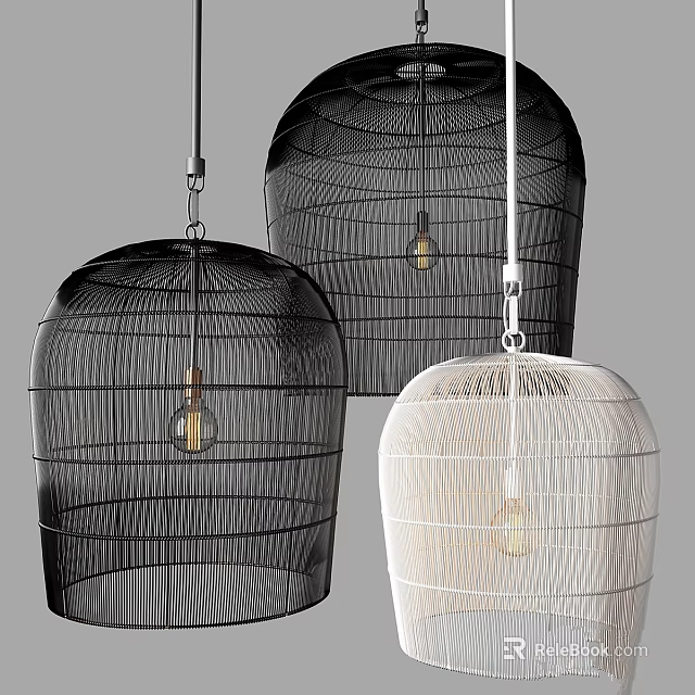 Modern Black And White Cage Like Pendant Lights With Wire Mesh Design And Bulbs 3d model 