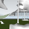 Modern Building With Green Lawn Trees People Dog And Bicycle In Park Area