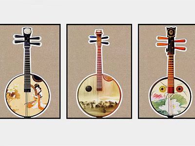 Three Traditional Pipa Musical Instruments With Decorative Artistic Patterns 3d model