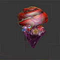 Cartoon Scene With Red Mushroom Cap On Black Rock Base And Green Plants Yellow Flowers