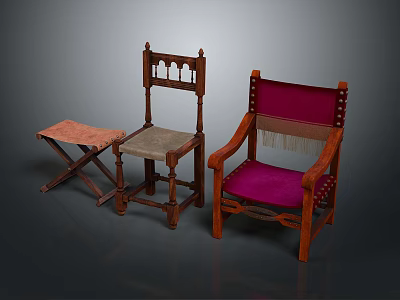 Vintage Wooden Chairs With Ornate Carved Backrest Upholstered Purple Seats And Fringe Details 3d model