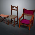 Vintage Wooden Chairs With Ornate Carved Backrest Upholstered Purple Seats And Fringe Details
