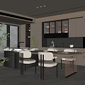 Modern Restaurant Dining Area With Open Kitchen Table Chairs Cabinets Plants And Windows