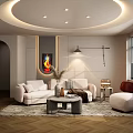 Modern Living Room Interior With White Sofas Round Coffee Table And Arched Doorway