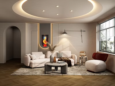 Modern Living Room Interior With White Sofas Round Coffee Table And Arched Doorway 3d model
