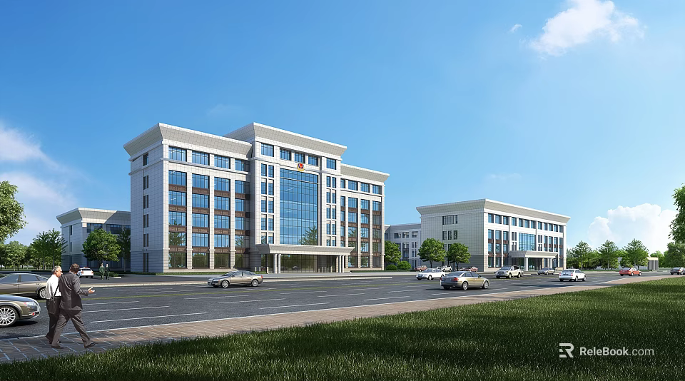 Modern Office Building With Glass Curtain Wall Surrounding Buildings Parking Lot And Green Lawn 3d model 