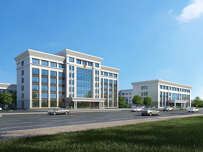 Modern Office Building With Glass Curtain Wall Surrounding Buildings Parking Lot And Green Lawn 3d model