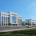 Modern Office Building With Glass Curtain Wall Surrounding Buildings Parking Lot And Green Lawn