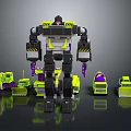 Large Transformable Robot Figure With Multiple Small Construction Vehicles In Black Yellow Purple 3d model