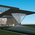 Modern Entrance Gate Design With Glass Curtain Wall Metal Structure And Sloped Canopy