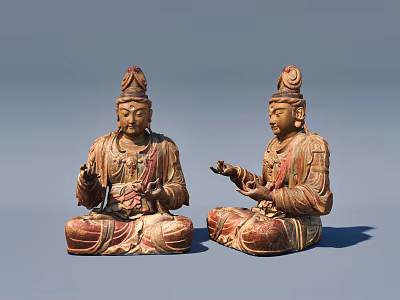 Two Traditional Hand Carved Wooden Seated Buddha Sculptures With Intricate Details 3d model