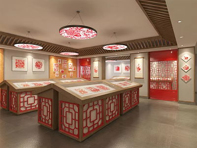 Chinese Paper Cutting Exhibition Hall With Traditional Red White Decor Display Cabinets And Ceiling Lamps 3d model
