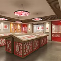 Chinese Paper Cutting Exhibition Hall With Traditional Red White Decor Display Cabinets And Ceiling Lamps 3d model