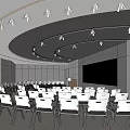 Modern Conference Room With Neatly Arranged White Chairs Podium And Large Screen