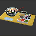 Japanese Ramen And Sushi Meal With Chopsticks Sauce And Side Dishes On Yellow Tray