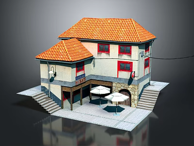 Two Story Building with Orange Roof Red Windows White Walls Porch Umbrellas and Stairs 3d model