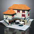 Two Story Building with Orange Roof Red Windows White Walls Porch Umbrellas and Stairs
