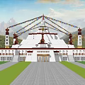 Ancient Tibetan Stupa Architecture with Colorful Prayer Flags Mountain Backdrop and Green Lawn