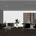 Modern Office Interior Design With Sofa Coffee Table Desk Chairs Bookshelf Plant And Window Blinds