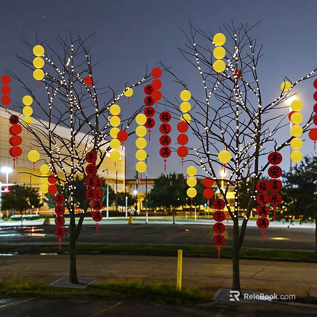 Red and Yellow Lanterns Hanging on Trees at Night with Decorative String Lights 3d model
