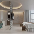 Modern SPA Sauna Interior Design With Massage Beds Bathtub And Lush Green Plants