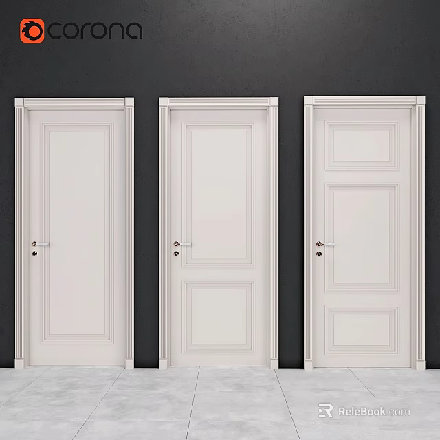 White Hinged Interior Doors With Various Panel Designs Against Dark Wall 3d model 